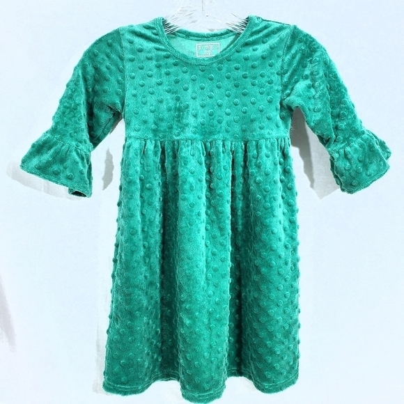 Girl's Green Velour Plush Polka Dot Peplum Dress - Picture 1 of 5